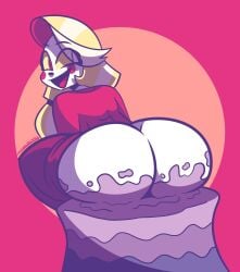  1girls alternate_ass_size ass big_ass blonde_hair bubble_butt cake caked_up charlie_morningstar_(hazbin_hotel) clothing demon demon_girl fat_ass female female_only hazbin_hotel huge_ass icing large_ass looking_at_viewer looking_back mooning mythabyss pants_down sitting solo suit thick_ass white_skin 