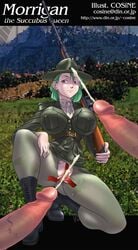  bat_print boots breasts capcom clitoris clothing cosine cum darkstalkers green_hair gun hat medium_breasts military_uniform morrigan_aensland necktie pantyhose penis pussy pussy_juice red_eyes rifle spread_pussy succubus tape thighs torn_pantyhose uncensored weapon 