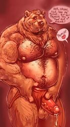  anthro balls bear belly biceps blush chubby dialog dramamine facial_hair goatee grizzly_bear hairy jockstrap looking_at_viewer male male_only masturbation musclegut muscles nipples nude pecs penis precum smile solo text underwear vein 