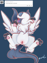  2013 3_toes :&lt; ? absol blue_background blush claws cute english_text eyelashes eyewear feathers female feral fur glasses hi_res horn looking_at_viewer lying mega_absol mega_evolution nintendo nude on_back pawpads paws plain_background pokemon presenting_pussy pussy question raised_arm red_eyes shadow shiny solo spread_legs spreading text toe_claws tumblr video_games whimsydreams wings 
