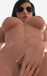  3d abs big_breasts black_hair blender blizzard_entertainment breasts covering_crotch dark-skinned_female dark_skin dominothecat female female_only glasses hair lipstick looking_at_viewer looking_down lowres muscular_female nail_polish navel_piercing nipples overwatch pharah pubic_hair scar solo tattoo 