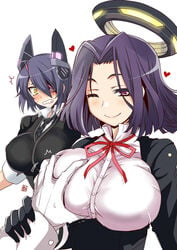  2girls admiral_(kantai_collection) aoi_manabu blush bow breast_grab breasts dress eye_patch gloves guided_breast_grab heart huge_breasts kantai_collection large_breasts male_hand mechanical_halo multiple_girls necktie personification purple_eyes purple_hair school_uniform short_hair smile surprised tatsuta_(kantai_collection) tenryuu_(kantai_collection) wink yellow_eyes 