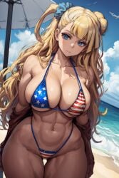  1girls abs ai_generated american_flag_bikini athletic_female big_breasts bikini blonde_hair blue_eyes cleavage curvaceous curvy_body curvy_female feet_out_of_frame female female_focus female_only galko hair_bun light-skinned_female light_skin long_hair looking_up muscular_thighs oshiete!_galko-chan standing swimsuit taking_clothes_off thick thick_thighs toned_female umbrella voluptuous voluptuous_female water wide_hips 