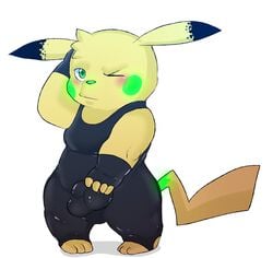  3_toes biceps bioluminescence blonde_hair blush bulge eroborus flexing fur glowing green_eyes green_nose hair male male_only nintendo one_eye_closed pikachu pokemon rubber_suit solo standing tight_clothing video_games yellow_fur 
