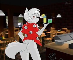  1boy andrew anthro arctic_fox back balls blush bottomless brown_eyes canine chairs claws clothing common_grounds counter drinks flower fox fur furry hair helsy lemon looking_at_viewer male male_only mammal mustard public restaurant shirt solo straw tables tray tuft white_hair 