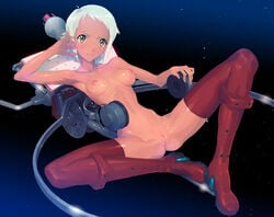  00s 1girls areolae armpits blush boots breasts censored dark-skinned_female dark_skin diebuster female gainax gunbuster human lal&#039;c_melk_mark legs looking_at_viewer medium_breasts navel nipples nude pussy quadrastate short_hair simple_background small_breasts smile solo spread_legs thigh_boots thighs white_hair yellow_eyes 