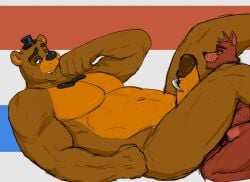  accessory anthro bear black_nose blue_eyes brown_body canid canine cupcake2007 duo five_nights_at_freddy&#039;s fox foxy_(fnaf) freddy_(fnaf) fur genitals hook male male/male mammal multicolored_body multicolored_fur muscular nude penis red_body scottgames size_difference smile tagme teeth yellow_eyes 