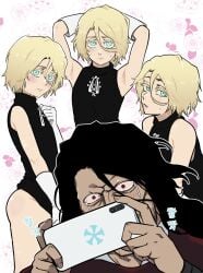  2boys age_difference aged_down armpits arms_behind_head ass black_hair bleach blonde_hair blue_eyes blush crossdressing crying dilf embarrassed femboy gloves hair_between_eyes jugram_haschwalth male_only oeoeoe otoko_no_ko posing sideass taking_picture yhwach 