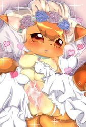  1girls after_sex anus areolae blush breasts bride brown_eyes canine clitoris clothed clothing comic cum cum_in_pussy cum_inside dress erect_nipples eyelashes female flower fox fur furry half-closed_eyes half-dressed heart mammal multi_breast necklace nintendo nipples open_mouth orange_fur orange_sclera plant pokemon pussy red_eyes red_fur solo spread_legs spreading tears tongue topless video_games vulpix wedding_dress うろ 