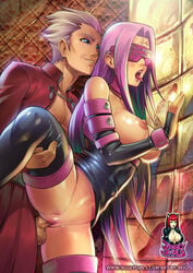  1boy 1girls archer_(fate) blue_eyes breasts fate/stay_night fate_(series) female gauntlets jiggly_girls large_breasts long_hair male medusa_(fate) nipples open_mouth penis purple_eyes reiq sex teeth thighhighs tongue tongue_out vaginal_penetration white_hair 