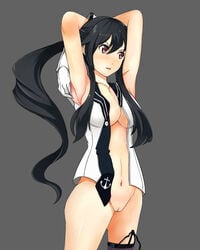  1girls arms_up bad_anatomy black_hair blush bottomless breasts brown_eyes female gloves highres kantai_collection long_hair minazukisekai navel open_clothes open_shirt ponytail pussy shirt sideboob single_thighhigh solo thighhighs tied_hair uncensored white_gloves yahagi_(kantai_collection) 