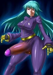  1futa aqua_hair black_background breast breasts bulge dickgirl erect erect_nipples erection futa_only futanari highres huge_cock human impossible_clothes impossible_clothing impossible_shirt intersex intersex_only king_of_fighters kula_diamond latex long_hair looking_at_viewer nipples penis red_hair skin_tight smile snk solo standing testicles wrong_(artist) 