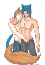 blue_hair catboy duo feline fur grope hair half-dressed jeans koshkio male mammal open_pants pants simple_background standing yaoi 