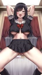  1girl arms_behind_head ass_visible_through_thighs black_eyes black_hair black_shirt black_skirt black_socks blurry blurry_background bowlegged_pose breasts ceiling_light commentary_request cropped_shirt curtains female highres indoors jack_dempa kneehighs large_breasts long_hair looking_at_viewer midriff miniskirt miyamae_shiho_(jack_dempa) mole mole_on_thigh mole_under_eye navel original pleated_skirt pussy_juice sailor_collar school_uniform shirt short_sleeves skirt socks solo spread_legs squatting standing sweat tongue tongue_out underboob white_sailor_collar 