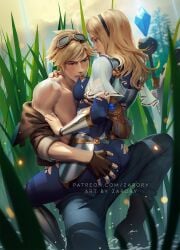  armor ass ass_grab biting blonde_hair clothed_sex clothing_lift ezreal female goggles_on_head league_of_legends luxanna_crownguard muscular_male outdoors shirtless_male sitting_on_lap tearing_clothes zarory 