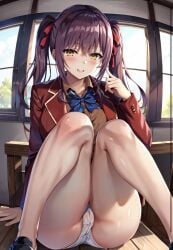  1girl ai_generated alde amasawa_ichika blue_bow blushing classroom_of_the_elite classroom_setting hair_ribbons looking_at_viewer m_legs no_pants no_skirt pigtails pink_hair pov_eye_contact pussy_outline red_blazer schoolgirl shirt showing_panties smiling_at_viewer solo_female solo_focus white_panties yellow_eyes 