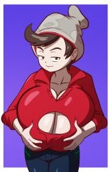  bedroom_eyes busty_boy female female_only grabbing_own_breast huge_breasts looking_at_viewer pokemon victor_(pokemon) 
