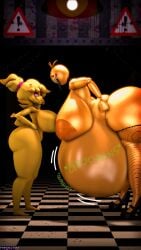  2girls android android_girl animatronic big_ass big_breasts big_nipples checkered_floor chica_(cally3d) chica_(fnaf) chiku female female_pred fishnet_legwear fishnets five_nights_at_freddy&#039;s five_nights_at_freddy&#039;s_2 gurgle_(sound_effect) gurgling gurgling_noise heels huge_ass huge_belly huge_breasts inverted_eyes mega2109 post_digestion post_vore staredown toy_chica_(cyanu) toy_chica_(fnaf) violet_eyes vore vore_belly yellow_hair yellow_skin 
