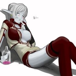  artist_request blue_skin blush choker dark_elf drunk elf lineage lineage_2 open_clothes open_shirt peeing pointy_ears pussy_juice shirt thighhighs 
