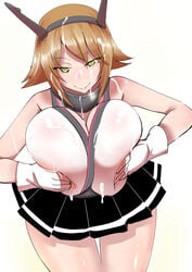  are_(arearee) bare_shoulders breasts brown_hair cum highres huge_breasts kantai_collection mutsu_(kantai_collection) paizuri short_hair skirt smile yellow_eyes 