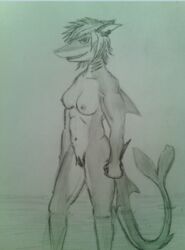  2016 anthro breasts ear_piercing female fish hair lying marine navel navel_piercing piercing pussy redmiles_the_shark shark solo standing 