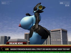  1girls 2016 3d anthro anthroanim anthrofied areolae ass big_breasts black_fur blue_fur breasts building city detailed_background english_text engrish erect_nipples feline female fur furry giant giantess hand_on_hips huge_ass huge_breasts hyper hyper_breasts luxray macro news nintendo nipples nude outside pokemon red_eyes shizuma_(anthroanim) solo standing tail text thick_thighs video_games wide_hips yellow_sclera 