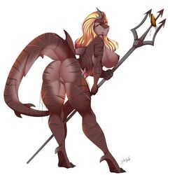  2016 ass blood breasts crown female fin fish hair marine melee_weapon multicolored_hair myloveless nipples nude polearm pose presenting presenting_hindquarters pussy raised_tail red_eyes shark sideboob simple_background spear starfish stripes teeth tiger_shark trident weapon white_background 