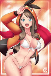  1girls aged_up alternate_costume belly bikini blue_eyes bra breasts brown_hair cap cleavage covered_breasts female female_only hat high_resolution hilda_(pokemon) hips human jacket jacket_over_swimsuit large_breasts legs long_hair looking_at_viewer navel older open_mouth panties pantsu pokemon pokemon_(cosplay) pokemon_bw revolverwingstudios solo swimsuit tepig_(cosplay) thighs tongue underwear white_bikini white_swimsuit 