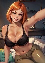  1girls 1milf ai-nerd ai_generated big_breasts black_bra blue_eyes bra breasts cleavage family_guy female female_only huge_breasts large_breasts lois_griffin mature_woman milf on_bed orange_hair posing_for_the_viewer selfie sitting_on_bed smile solo_female topless watermark 