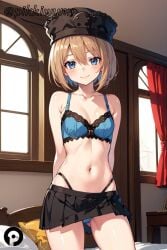  ai_generated arms_behind_back ass_visible_through_thighs bare_shoulders black_skirt blanc blue_bra blue_eyes blue_panties blush bra breasts brown_hair cleavage closed_mouth collarbone female hair_between_eyes hat highleg highleg_panties indoors looking_at_viewer miniskirt navel neptunia_(series) panties pikkiwynn pleated_skirt short_hair skirt small_breasts smile solo stomach underwear window 