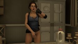  3d big_ass big_breasts bottomless bottomless_female covering_crotch embarrassed half_naked jill_valentine resident_evil 