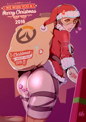 1girls anal_beads ass cavalry christmas female female_only goggles overwatch santa_hat sex_toy solo text tracer 
