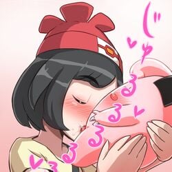  1boy 1girls aaaa_(nijie667565) bag beanie black_hair blush blush_stickers clefairy closed_eyes clothed_female_nude_male collarbone drooling fairy fellatio female hat heart holding human interspecies male nintendo nude oral penis pink_background pink_skin pokemon pokemon_sm pokephilia saliva selene_(pokemon) shirt short_sleeves simple_background size_difference straight text translation_request uncensored upper_body 