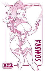  areolae artist_name breast_cutout character_name female finger_on_trigger fingerless_gloves gun long_hair looking_at_viewer mole_under_eye monochrome navel nipples overwatch parted_lips solo sombra teeth weapon web_address x-teal 
