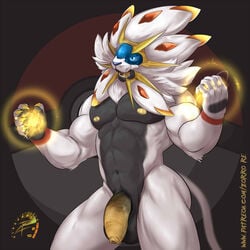  1boy 2017 anthro anthrofied black_background black_fur blue_body blue_eyes blue_sclera energy english_text feline foreskin fur furry hair humanoid_penis legendary_pokemon light lion male male_only mammal muscular muscular_male navel nintendo nipples nude open_mouth penis poke_ball pokemon pokemon_sm pokemorph signature simple_background solgaleo solo teeth testicles text thick_thighs veins veiny_penis video_games white_fur white_hair yellow_nipples yellow_penis yellow_tongue zorrore 