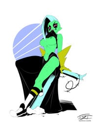  alien alien_girl areolae black_eyes breasts female female_only freckles gloves green_skin hardtones large_breasts long_hair long_skirt looking_at_viewer lord_dominator mouth_hold navel nipples no_bra perky_breasts pink_sclera pointy_ears shirt_lift side_slit silver_hair skirt sneakers socks solo wander_over_yonder white_background 