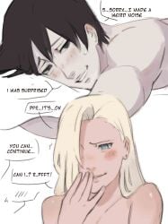  1boy 1boy1girl 1girls absurd_res bedroom_eyes black_eyes black_hair blonde_hair blue_eyes blush boruto:_naruto_next_generations canon_couple comic couple dialogue dominant_female ear_piercing earrings english_text femdom finger_to_mouth hair_over_one_eye hi_res high_resolution highres husband_and_wife ino_yamanaka jewelry light-skinned_female light-skinned_male light_skin lipstick long_hair looking_at_another looking_at_partner married_couple monday_mint muscular muscular_male nail_polish naked narrowed_eyes naruto naruto:_the_last naruto_(series) naruto_shippuden nose_blush nude nude_female nude_male on_bed on_front on_stomach painted_nails pale-skinned_female pale-skinned_male pale_skin pillow pillow_grab pink_lips pink_lipstick pink_nail_polish pink_nails romantic romantic_ambiance romantic_couple sai shounen_jump smile smiling speech_bubble story submissive_male sweat sweatdrop sweating text very_high_resolution white_background yamanaka_ino 