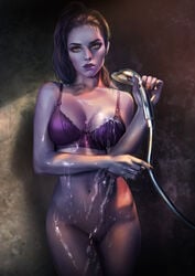  1girls absurdres areolae blizzard_entertainment bra breasts cleavage cowboy_shot female female_only firolian highres indoors long_hair looking_at_viewer medium_breasts nail_polish navel nipples nude overwatch parted_lips purple_bra purple_hair purple_skin purple_underwear pussy shiny shiny_skin shirt shower shower_head showering signature solo standing underwear water wet_clothes widowmaker yellow_eyes 