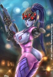  1girls alternate_version_available ass_cleavage butt_crack cameltoe cleavage curvy delta26 erect_nipples female gun huge_areolae huge_ass huge_breasts overwatch puffy_nipples thick_lips very_long_hair voluptuous wide_hips widowmaker 