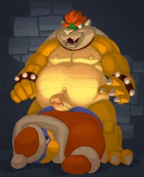  2boys 4_fingers anthro ass avian belly big_belly bird birdy bowser claws duo erection fangs fat fat_man hi_res horn king_dedede kirby_(series) koopa male male_only mario_(series) multiple_boys muscular navel nintendo nipples obese obese_male orange_hair overweight overweight_male penguin penis precum scales scalie video_games yaoi 