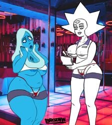  areola_slip bbw belly big_areola big_ass big_belly big_breasts blue_diamond_(steven_universe) blue_hair blue_skin broznan chubby chubby_female crop_top female_only hourglass_figure micro_shorts micro_thong nipple_bulge overweight overweight_female pubes_exposed pubic_hair pubic_hair_peek pubic_stubble steven_universe stripper_pole unbuttoned_pants underboob white_diamond_(steven_universe) white_hair white_skin wide_hips 