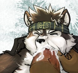  2017 anthro black_fur black_nose canine cheek_bulge closed_eyes crying cum cum_from_nose cum_in_mouth cum_in_nose cum_inside erection fellatio fur headband horkeukamui kemono male male_only mammal multicolored_fur oral oral_penetration penetration penis sex tears tokyo_afterschool_summoners vein white_fur wolf wulfer-shepherd 