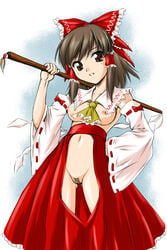  breasts brown_hair detached_sleeves female female_only gohei hair_tubes hakama highres human japanese_clothes long_hair miko nipples no_bra no_panties pubic_hair pussy reimu_hakurei revealing_clothes solo torn_clothes touhou uncensored yuzu_momo 