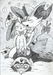  anthro bedding blush bow braixen breasts clitoris cowgirl_position cum drooling ear_fur eeveelution erection eyewear female feral fingering fullfolka goggles group group_sex heart larger_female leaf looking_pleasured lying male monochrome navel nintendo nipples on_top open_mouth pancham penetration penis pok&eacute;mon_(species) pokemon pussy pussy_juice saliva sex signature size_difference sketch smaller_male stick straight sylveon threesome traditional_media_(artwork) vaginal_penetration video_games 