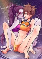  barefoot feet hand_in_panties helipeach overwatch panty_pull panty_pulled_slightly tracer widowmaker yuri 