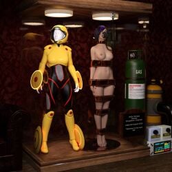  1girls 3d big_hero_6 bound bound_arms bound_legs completely_nude completely_nude_female disney english_text gogo_tomago mannequin nude nude_female oldmanjaay trophy_case 