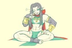 1boy abs ambush_(trap) androgynous black_hair bulge cap cleavage_cutout elbow_gloves femboy fingerless_gloves girly gloves green_eyes loincloth long_fingernails long_hair looking_at_viewer male male_only pointy_ears sharp_fingernails solo trap v wink yellow_kirby 