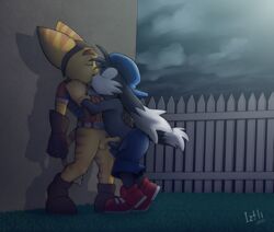  2boys balls bottomless closed_eyes clothed clothing crossover duo erection footwear frottage fur gay hi_res humanoid_penis iztli kissing klonoa klonoa_(series) lombax male male/male male_only orange_fur partially_retracted_foreskin penis precum ratchet_(ratchet_and_clank) ratchet_and_clank sex shoes short topless uncut video_games white_fur yaoi yellow_balls yellow_fur 