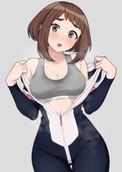  1girls blush blush_lines blushing_at_viewer bra breasts brown_eyes brown_hair cleavage clothed collarbone curvy eyebrows female grey_background grey_bra head_tilt hero_outfit_(mha) kobaji light-skinned_female light_skin long_sleeves looking_at_viewer medium_hair my_hero_academia ochako_uraraka ochako_uraraka_(hero_outfit) open_mouth simple_background steam stomach tagme tight_clothing tits_out undressing zipper_pull_tab 