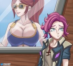  2girls artist_name artist_signature bare_shoulders big_breasts breast_press breasts breasts_against_glass breasts_focus breasts_on_glass busty cassie_(paladins) cleavage female female_focus female_only hi_res high_resolution highres large_breasts light-skinned_female light_skin maeve_(paladins) meme paladins paladins_champions_of_the_realm ponytail red_hair smile smiling sunglasses sunkissed_cassie swimsuit swimwear tinted_eyewear window woman_scared_of_breasts_(meme) xsajenx 